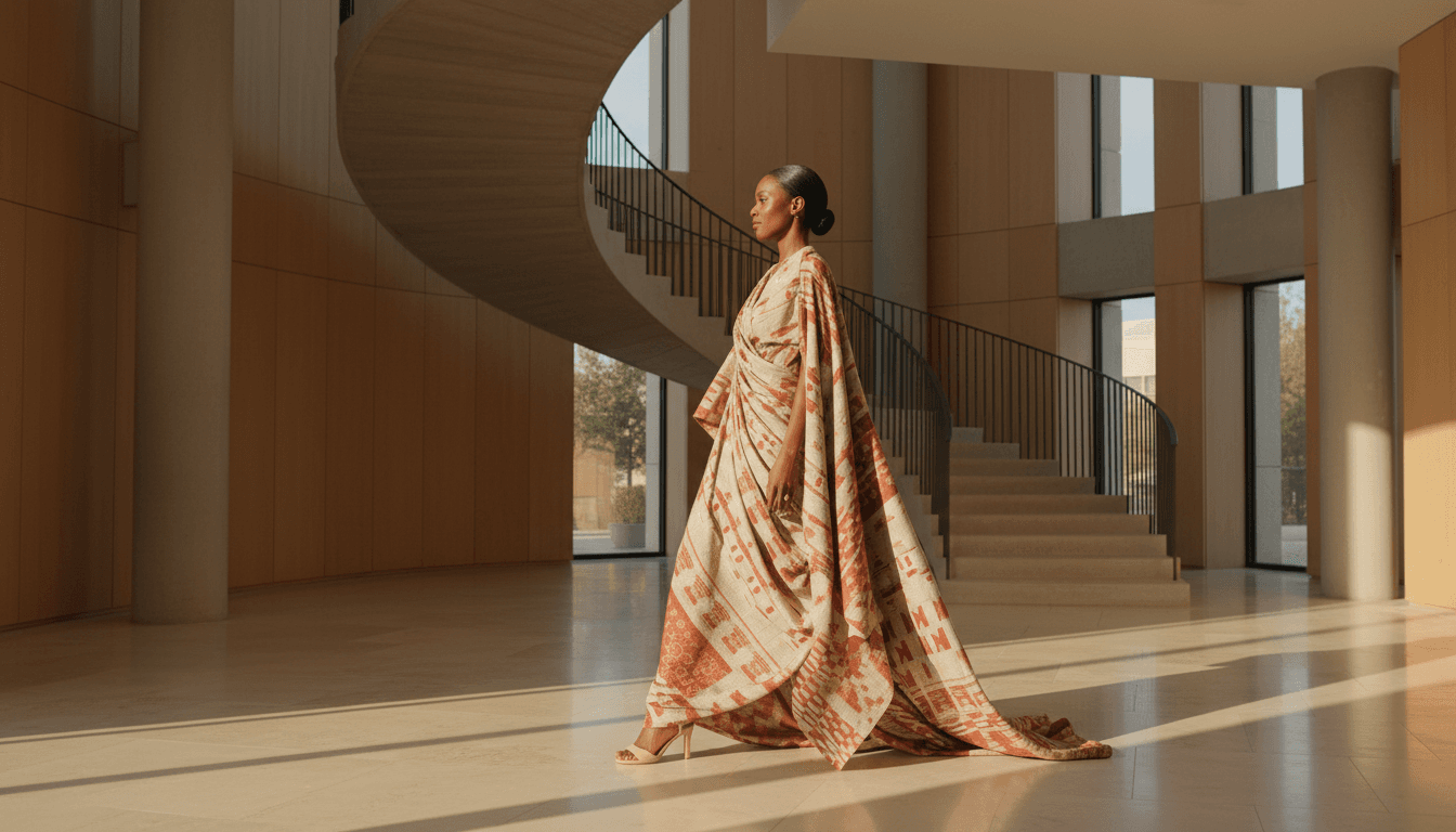 Une femme élégante portant une création KLB dans un espace architectural minimaliste