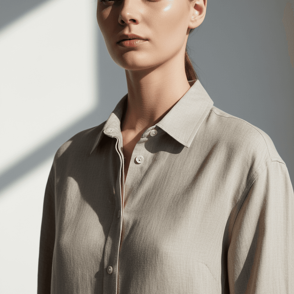 Model wearing an elegant fluid tailored garment from the KLB collection in a minimalist studio setting