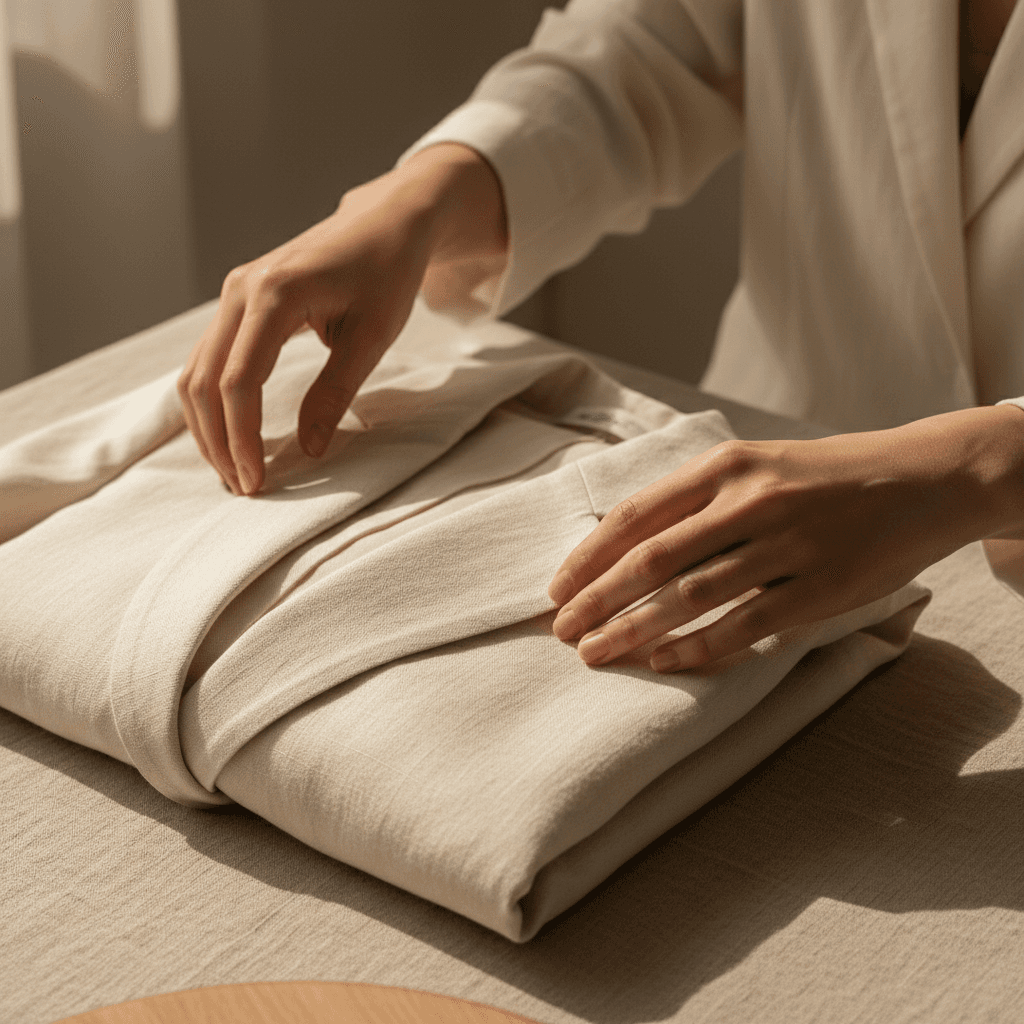 Détail des mains pliant un tissu premium lors du processus de confection