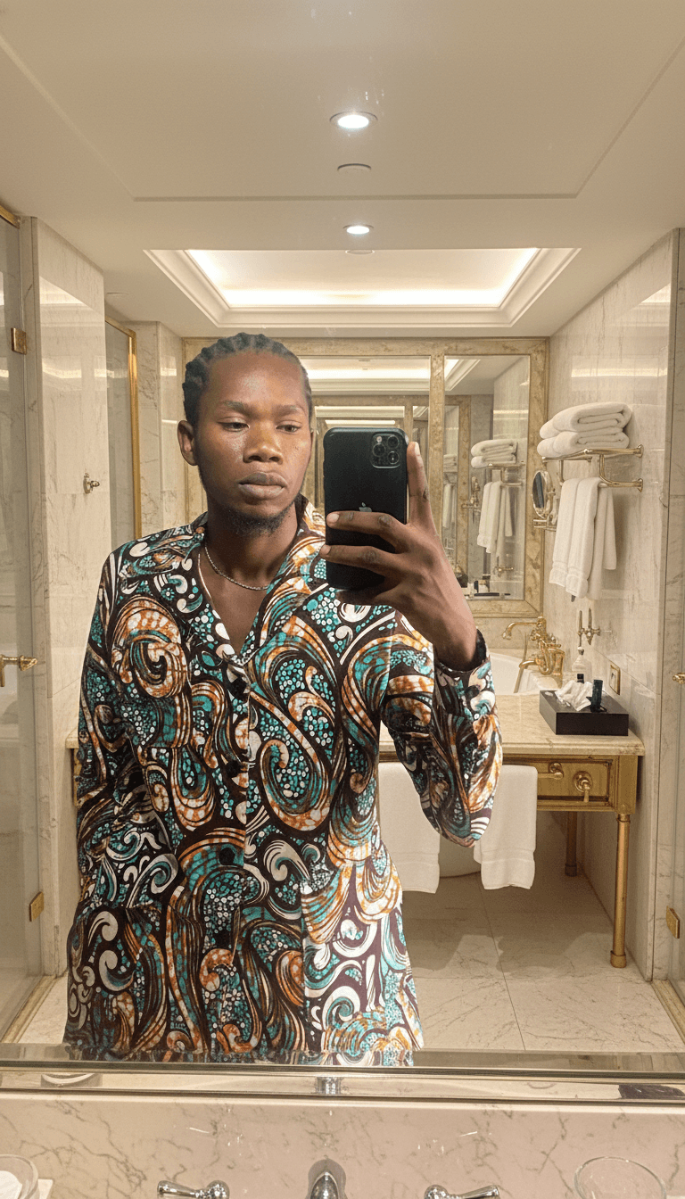Homme prenant un selfie en chemise à motifs colorés dans une salle de bain luxueuse.