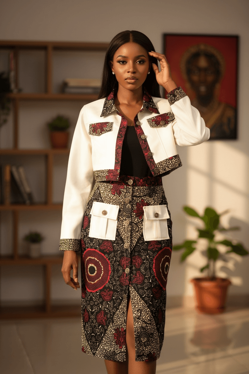 Femme portant une veste blanche et une jupe à motifs wax rouges et noirs.