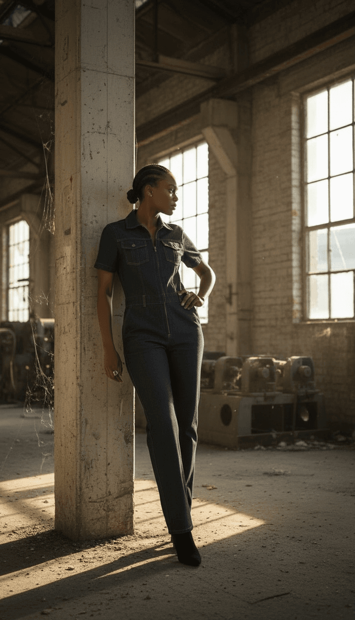 Femme noire en combinaison en jean posant dans une usine abandonnée avec de grandes fenêtres.
